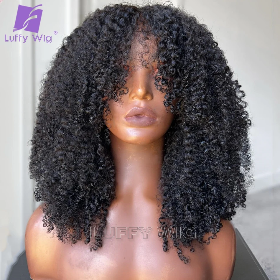 

Afro Kinky Curly Wig with Bangs Human Hair Full Machine Made Scalp Top Wig Remy Brazilian Glueless Afro Curly Wig 200 Density
