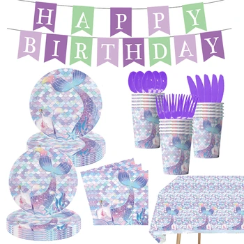 Mermaid Purple Fish Tail Theme Childrens Birthday Party Tableware Balloon Girls Favorite Background Baby Shower Party Supplies