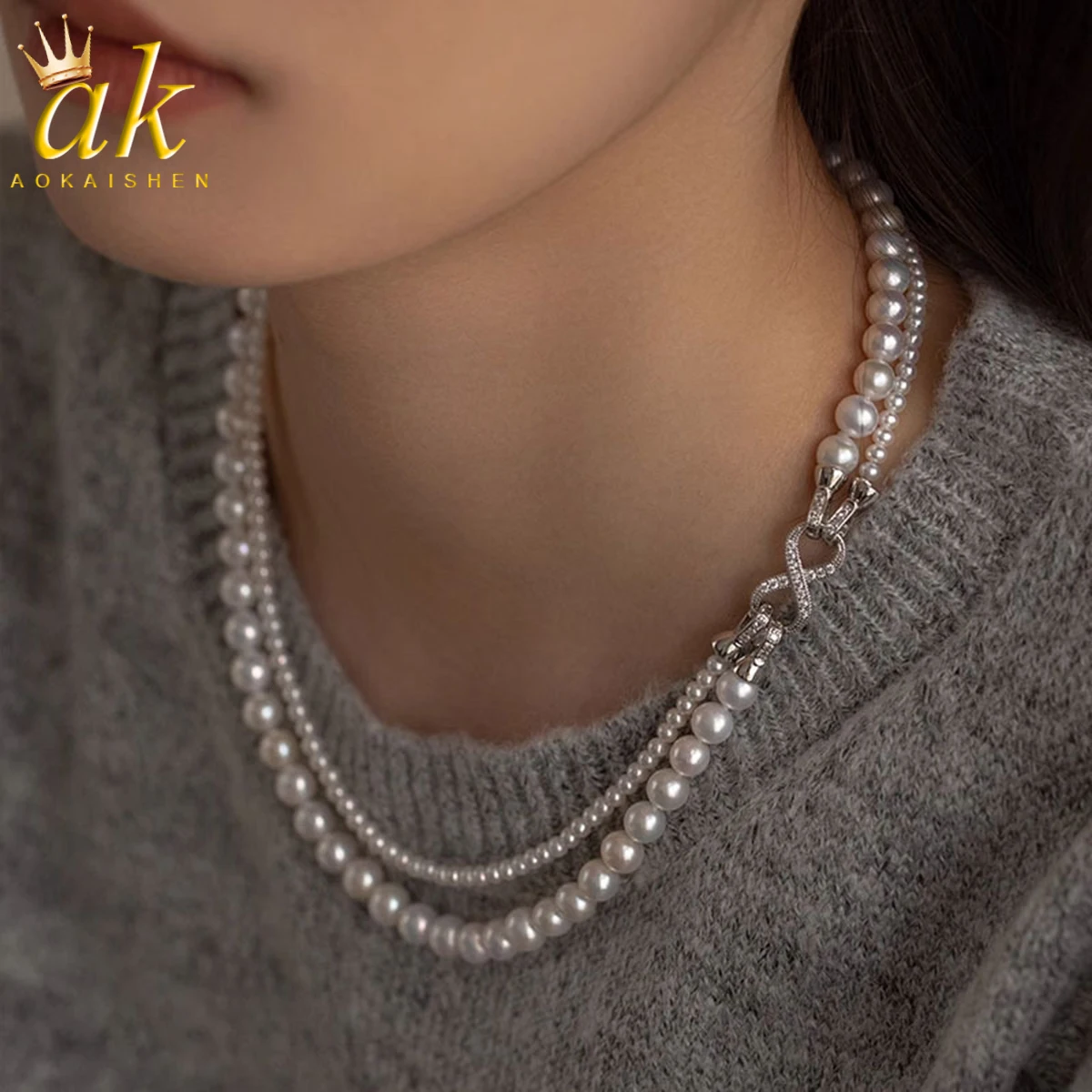 

Aokaishen Double Layered Shell Pearl Necklace for Women's Versatile High-end Sense Beaded Collarbone Chain Niche Design