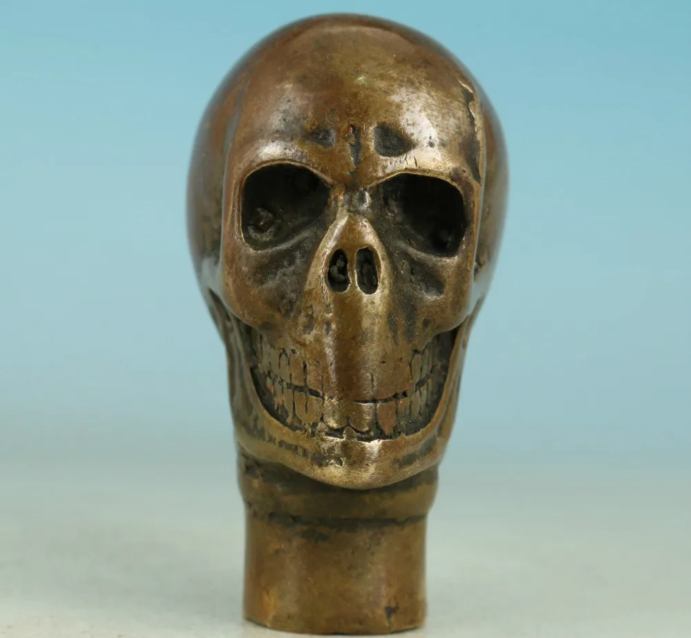

Copper Brass CHINESE crafts decoration Asian Chinese Old Bronze Handmade Carved Skull Statue Walking Stick Head