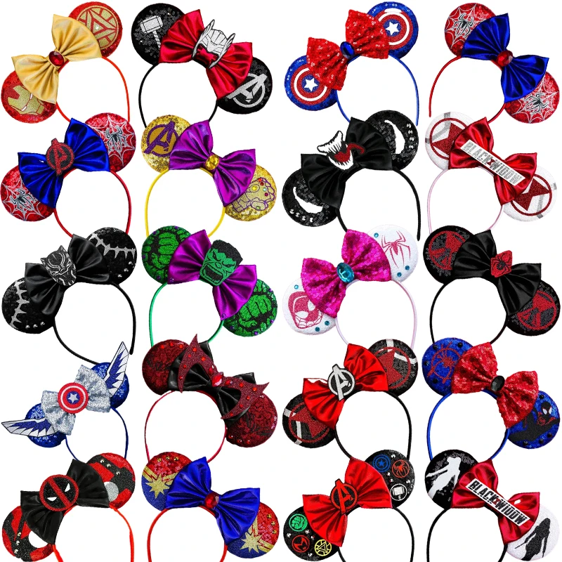 

Disney The Avengers Ears Headband Women Kids Marvel Hair Accessories Girl Sequins Bow Hairbands Super Heroes Headwear Party Gift