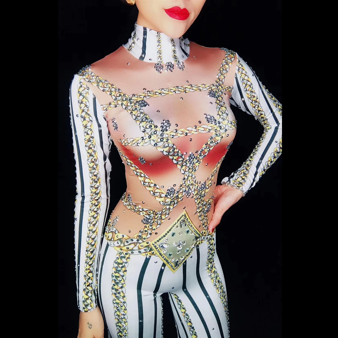 

Sparkle Rhinestone Striped Jumpsuit Fashion Women Party Banquet Clothing Stage Performance Costumes Lady One-piece Crystal Wears