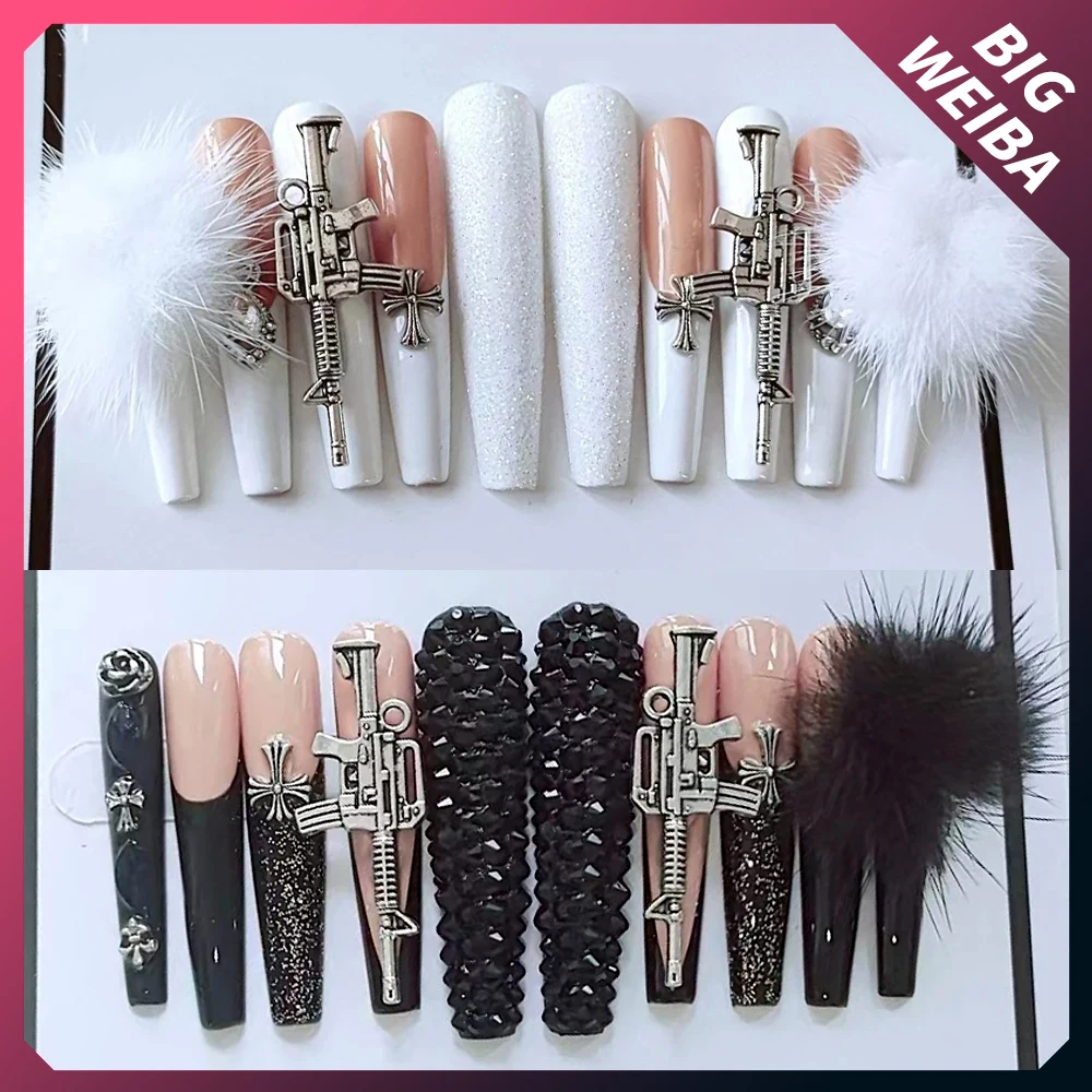 

Originality Black White Wearable Full Cover Fake Nail Fluffy 3D Hairball Design Handmade French Artifical Long Press On Nail Tip