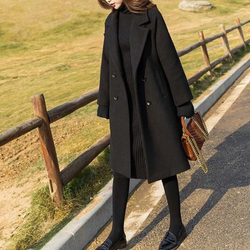 

Women's Middle Long Thickened Slim Tweed Coats 2023 New Fashion Autumn Winter Hepburn Style Korean Jacket Female Windbreaker Ins