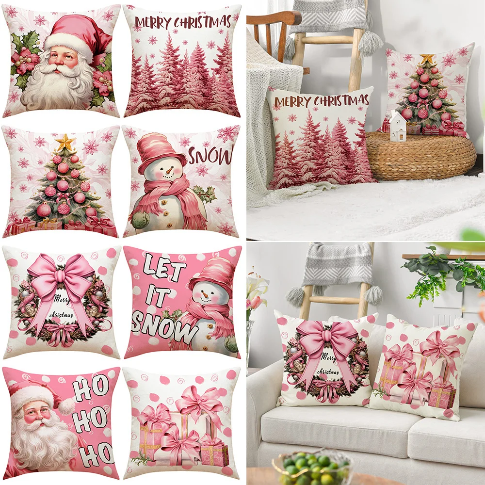 

45*45cm Merry Christmas Pillow Cover Pink Santa Claus Pillowcase Christmas Decoration Xmas Snowman Pillow Case For Living Room
