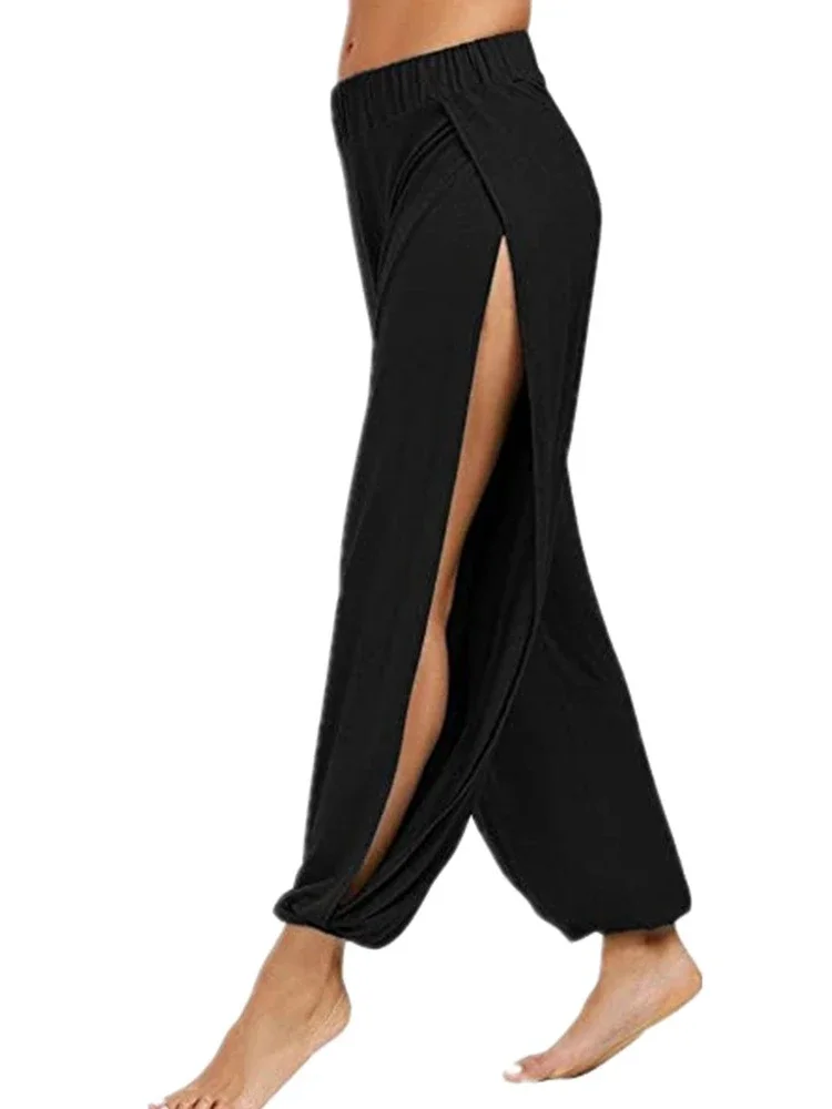 

Women Dance Yoga Leggings Summer High Slit Haren Pants Solid Hippie Harem Wide Leg Trousers S-3XL