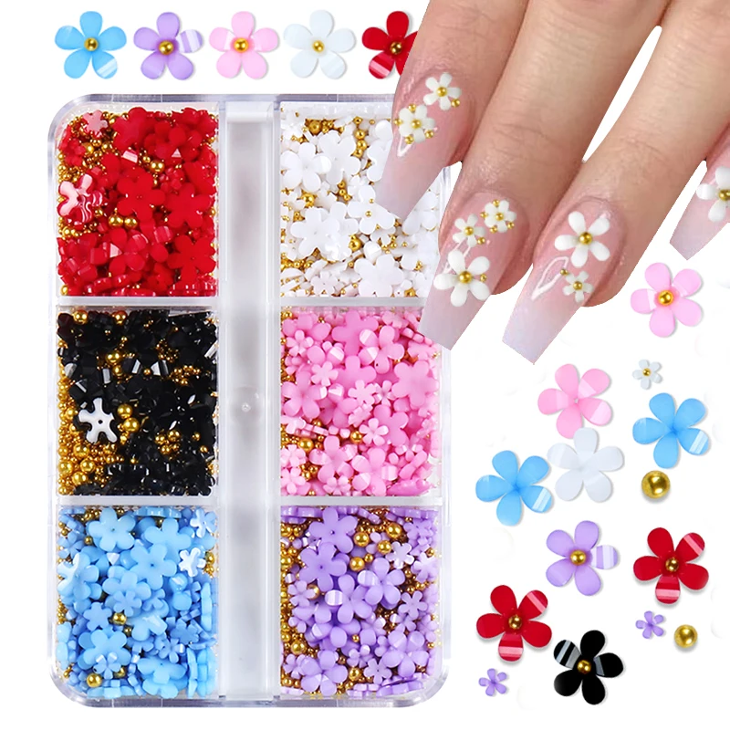 

Акриловый 3D цветок для ногтей, искусственная кожа, с круглыми бусинами, цветок с пятью лепестками в коробке (6 ячеек), красочный разноцветный цветок разных размеров, аксессуары для маникюра
