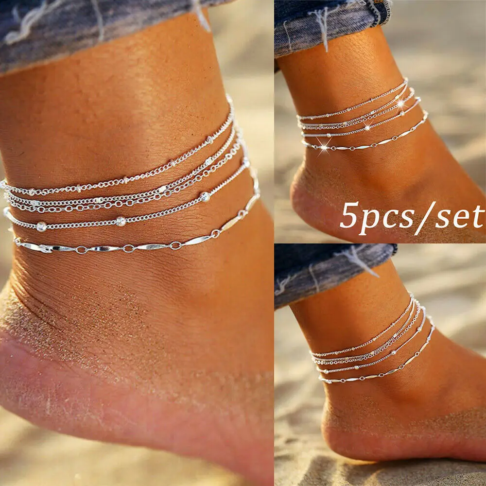 

5Pcs/1Set Ankle Bracelet Sandal Foot Chains Beach Anklets Fashion Jewelry Bangle Adjustable Summer accessory