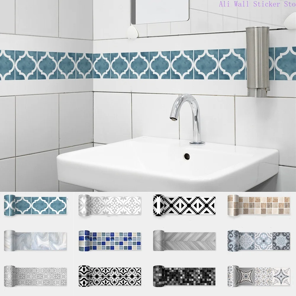 

Blue Patterned Skirting Line Self-adhesive Waterproof Ceramic Peel And Stick Tile Waistline Frame 10cm*2M A Roll Wall Sticker