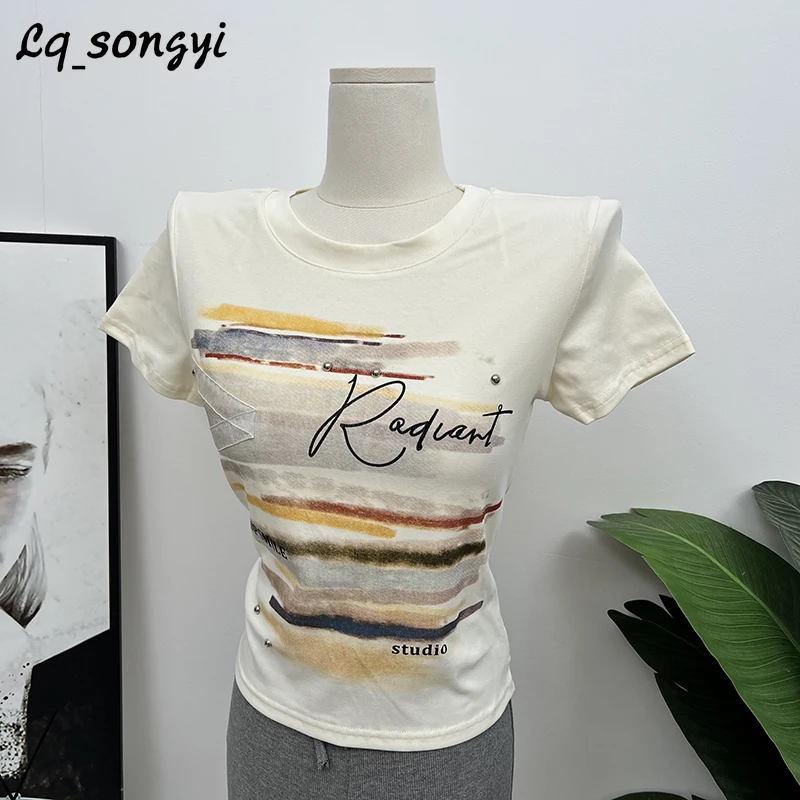 Lq_songyi, кружевные футболки с круглым вырезом, тонкие футболки с коротким рукавом, корейский популярный топ, летняя женская облегающая футболка с принтом 
Lq_songyi, кружевные футболки с круглым вырезом, тонкие футболки с коротким рукавом, корейский популярный топ, летняя женская облегающая футболка с принтом
