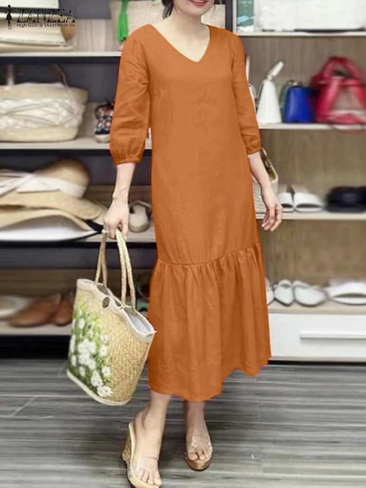 

Модель 2024 года, модный летний сарафан ZANZEA, женское элегантное платье миди с оборками на подоле, женское свободное однотонное Повседневное платье с V-образным вырезом и рукавом 3/4