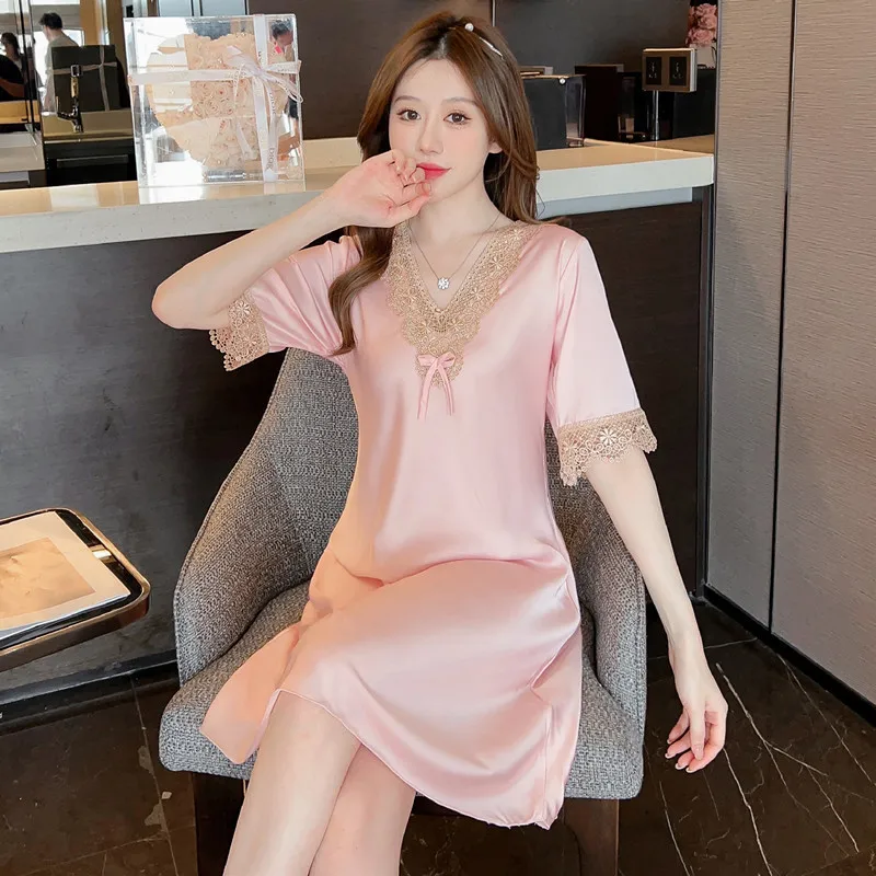 2024 New Silk Pajamas For Women Spring Summer Thin Sexy Sweet Lace Embroidered Nightdress Female Short Sleeved Home Nightgown
2024 New Silk Pajamas For Women Spring Summer Thin Sexy Sweet Lace Embroidered Nightdress Female Short Sleeved Home Nightgown