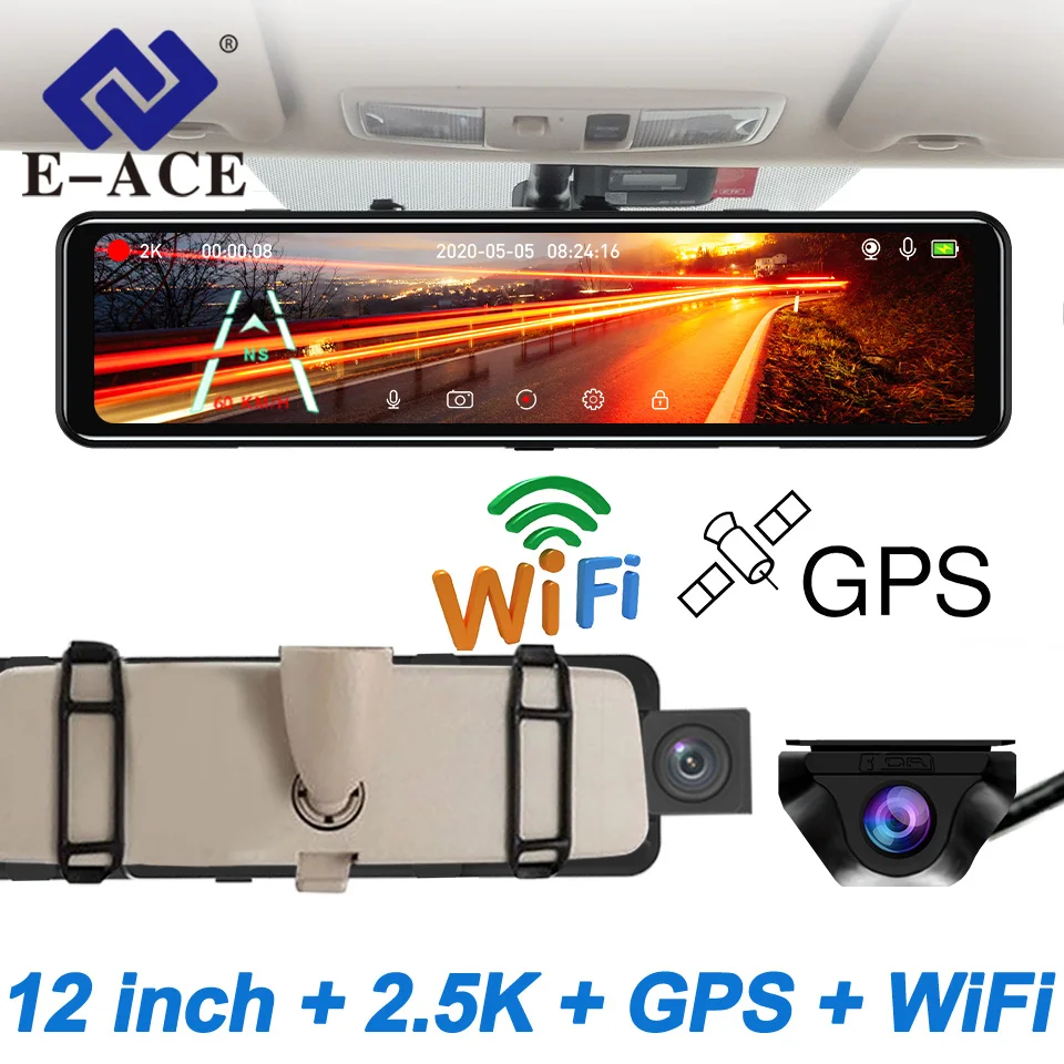 

E-ACE 12 Inch 2.5K Car Dvr Rearview Mirror With Camera WIFI GPS Dash Cam Drive Video Recorder Night Vision Black Box For Auto