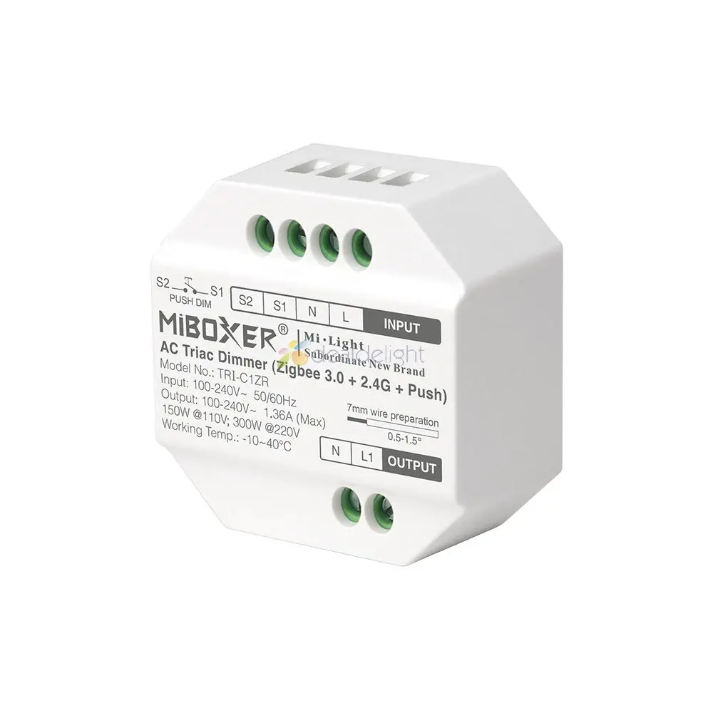 

Miboxer AC Triac Dimmer TRI-C1ZR Zigbee 3.0 + 2.4G + Push AC 110-240V Push Switch RF Push Dimmer App /Voice /Remote Control