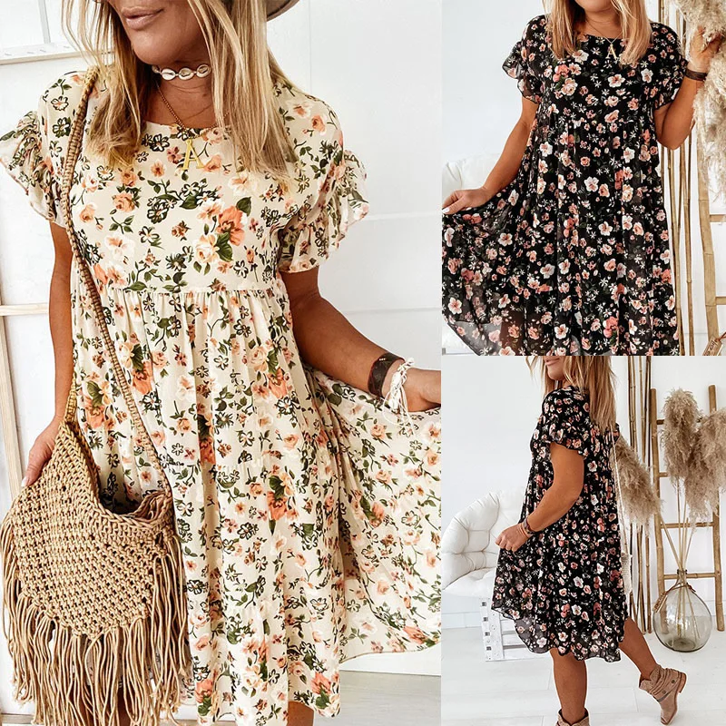 

HMR-In Stock Summer Hot Flying Sleeves round Neck Fashion Floral Dress Women