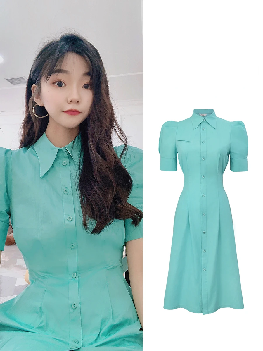 

2022 Summer Streetwear Women's Shirt Dress Korean Star Same Short Sleeve Solid Female Hem Slit Dresses Sexy Loose Lady Clothes