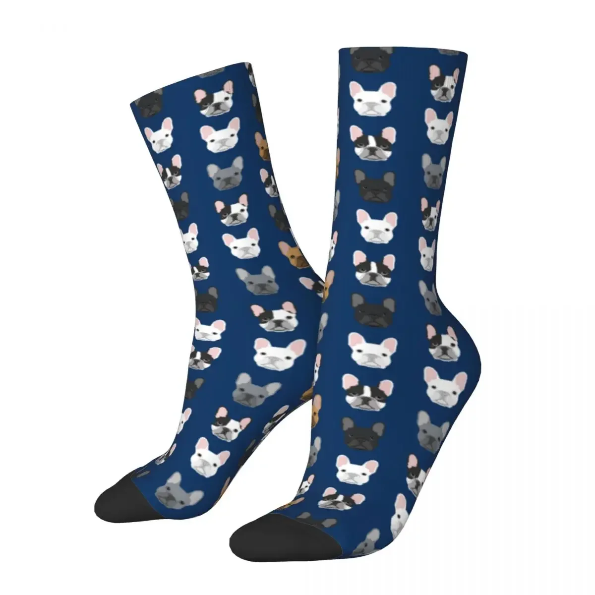 

Crazy Design French Bulldog Faces Navy Blue Sports Socks Dog Polyester Middle Tube Socks for Unisex Sweat Absorbing