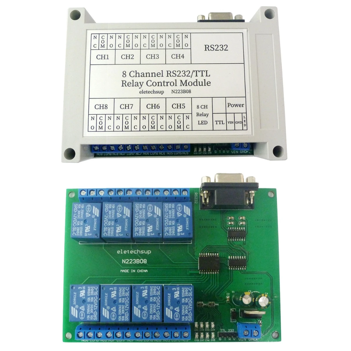 

N223B08 DC 12V 2 IN 1 8Ch RS232/TTL232 Relay Board DB9 Serial Port Switch for PLC Camera Industrial Control System