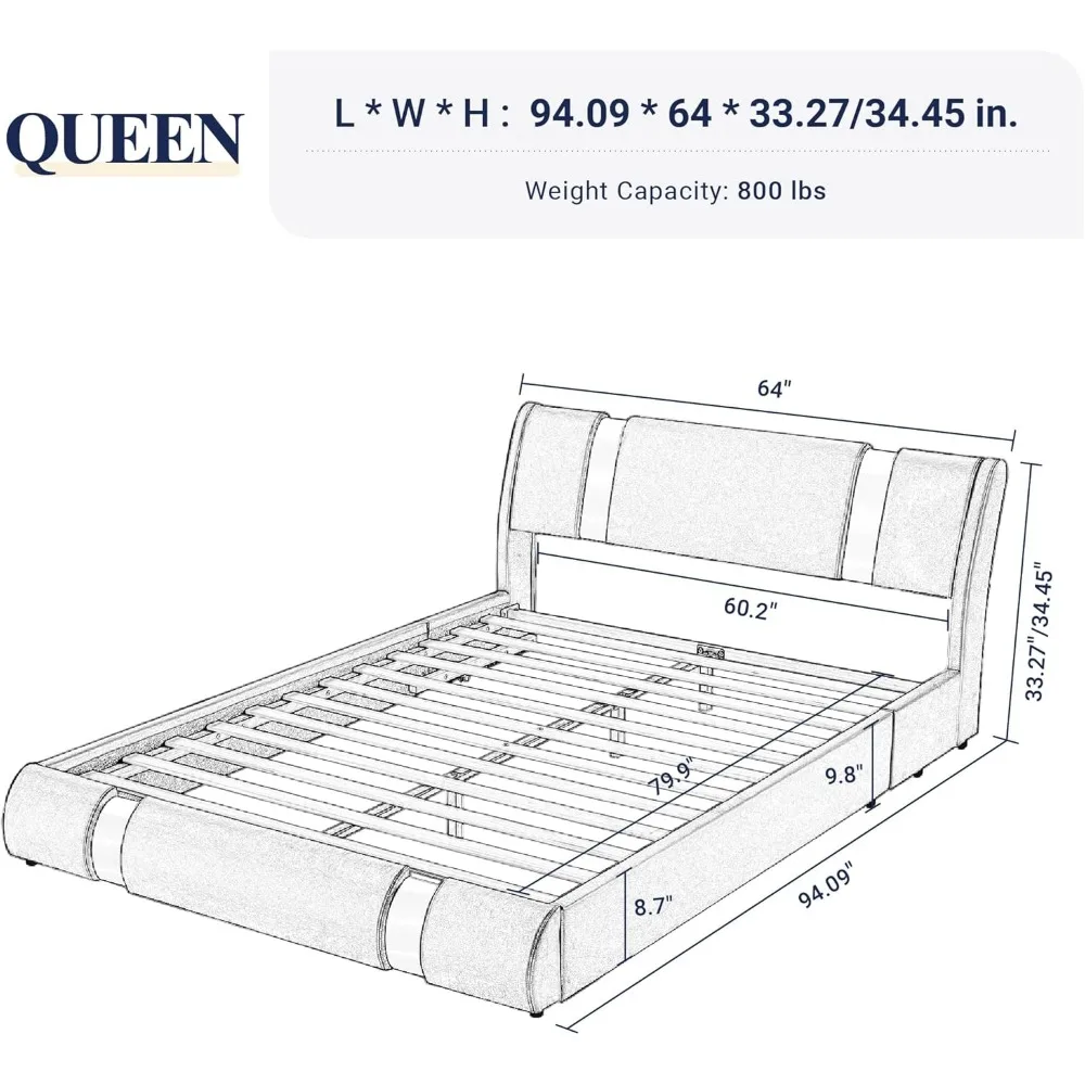 Allewie Queen Size Platform Bed Frame with Iron Piece Decor, Faux Leather Upholstered Bed with Curved Adjustable Headboard, Wood Allewie Queen Size Platform Bed Frame with Iron Piece Decor, Faux Leather Upholstered Bed with Curved Adjustable Headboard, Wood