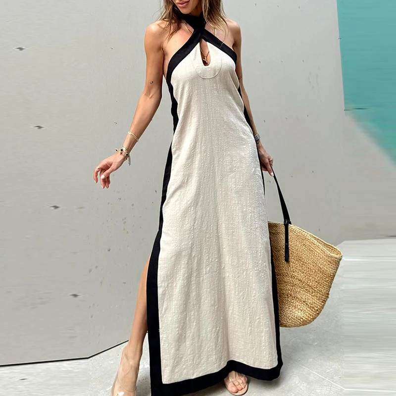 Summer Cotton Linen Loose Sleeveless Dress Fashion Color Blocking Halter Lady Party Dress New Casual High Waist Split Long Dress
Summer Cotton Linen Loose Sleeveless Dress Fashion Color Blocking Halter Lady Party Dress New Casual High Waist Split Long Dress