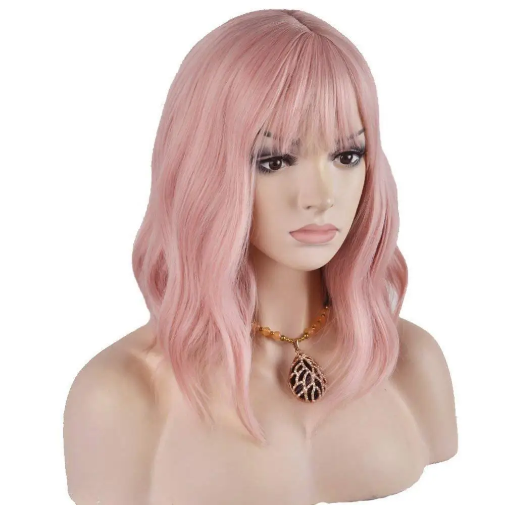 

Pink Wavy Bob Wigs With Bangs Short Ombre Synthetic Wig Natural Hair Curly Wavy Shoulder Length Cosplay Wig Closure Glueless Wig