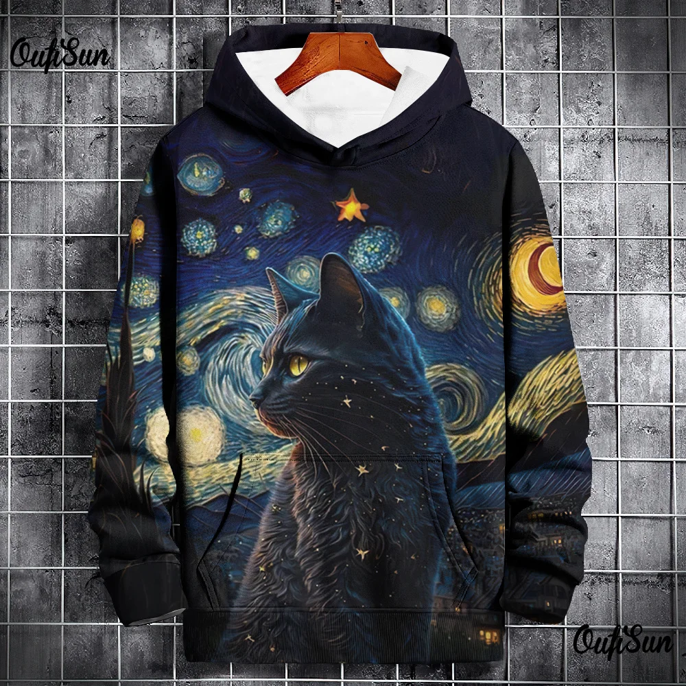 

Модная мужская толстовка с 3d рисунком звездного неба, кота, уличный дизайнерский Свободный пуловер большого размера с длинными рукавами, Высококачественная Мужская одежда