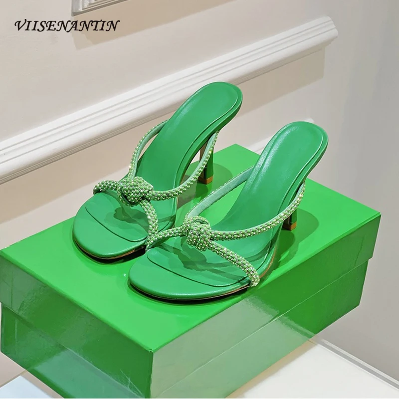 

Sexy Stilettos Heel Slippers for Women Fashion Narrow Band Open Round Toe Slides Real Leahter Ladies Party Sandals Mules Shoes