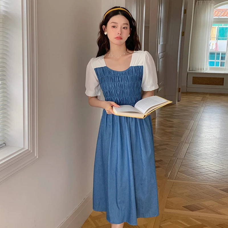 Dress for Women 2022 Summer Square Collar Short Sleeves Retro Denim Blue Stitching Pleated Solid Knee Length Long Dress Femme
Dress for Women 2022 Summer Square Collar Short Sleeves Retro Denim Blue Stitching Pleated Solid Knee Length Long Dress Femme