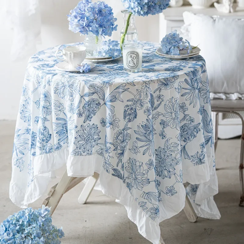 

French style all cotton embroidery waterproof and oil resistant skirt lotus leaf and fungus edge tea table cloth tablecloth