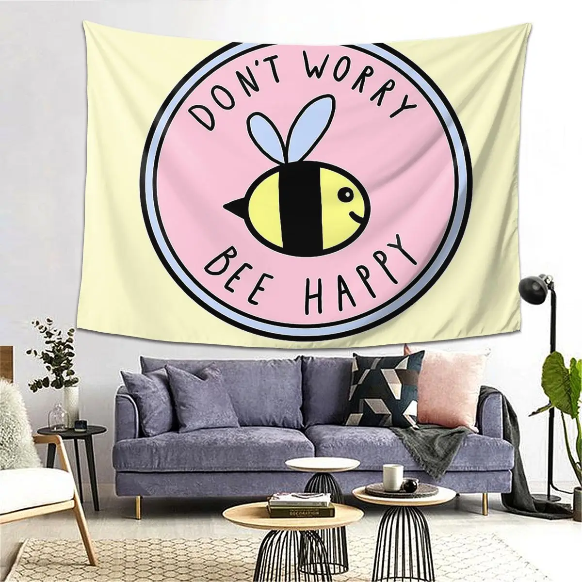 

Don't Worry Bee Happy Tapestry Decoration Art Aesthetic Tapestries for Living Room Bedroom Decor Home Wall Cloth Wall Hanging