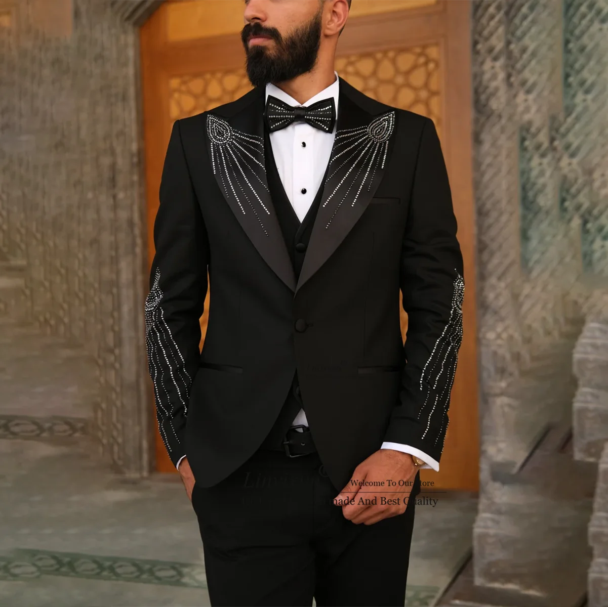 

Shiny Bead Crystals Mens Suits Slim Groom Wedding Tuxedos 3 Pieces Set Bridegroom Prom Blazers Fashion terno masculinos completo