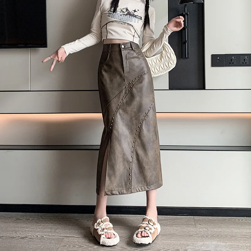 

Fashionable Rivet Beaded PU Leather Skirt High Waist Slim Fit Stitching Slit Long Skirts for Women New Solid Color Gothic Skirt