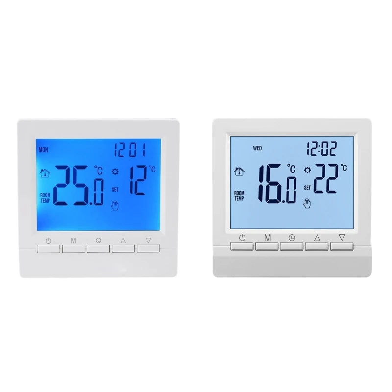 

Programmable Thermostat with White/Blue Backlit Electric Heating Warm Floor Temperature Controller for Water/Gas Boiler