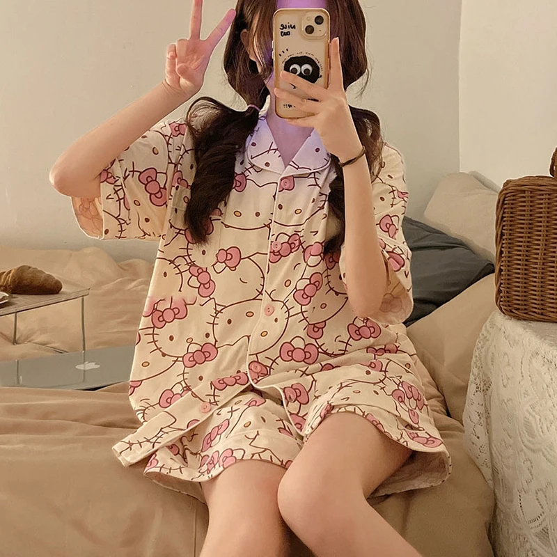 

Sanrio Kawaii Anime Hello Kitty Summertime Pajama Set Cute Sweet Cartoon Short-Sleeved Shorts Loungewear Lovely Gifts For Girls