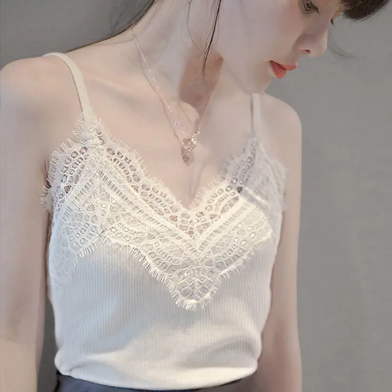 

Fashion V-Neck Solid Color Spliced Lace Camis Women's Clothing 2024 Summer New Loose Korean Tops Office Lady Tanks Tee Shirt