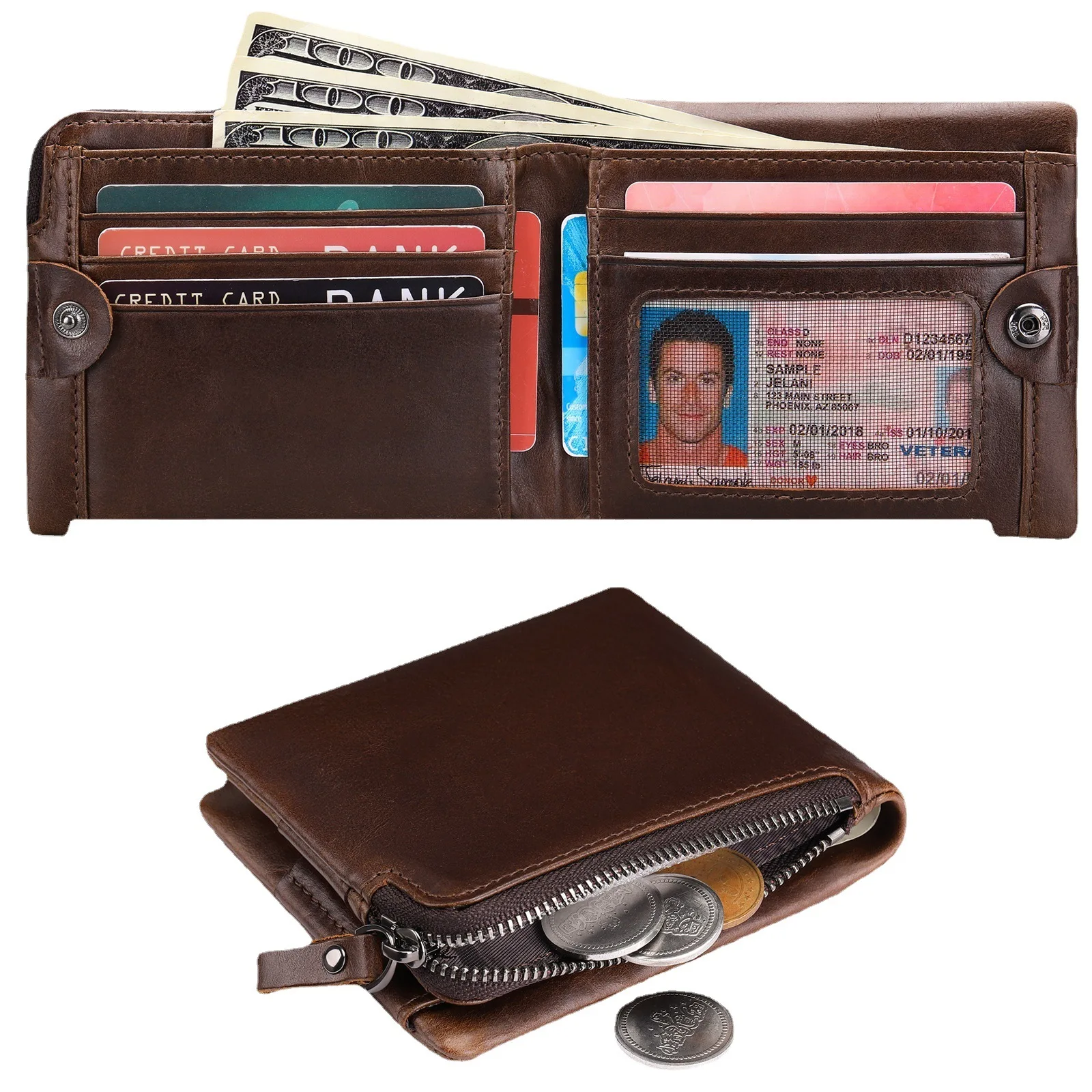 

Men's Wallet RFID Anti-theft Genuine Leather Short Wallet Bifold Card Holder Retro Zipper Coin Pocket Money Clip Purse Male