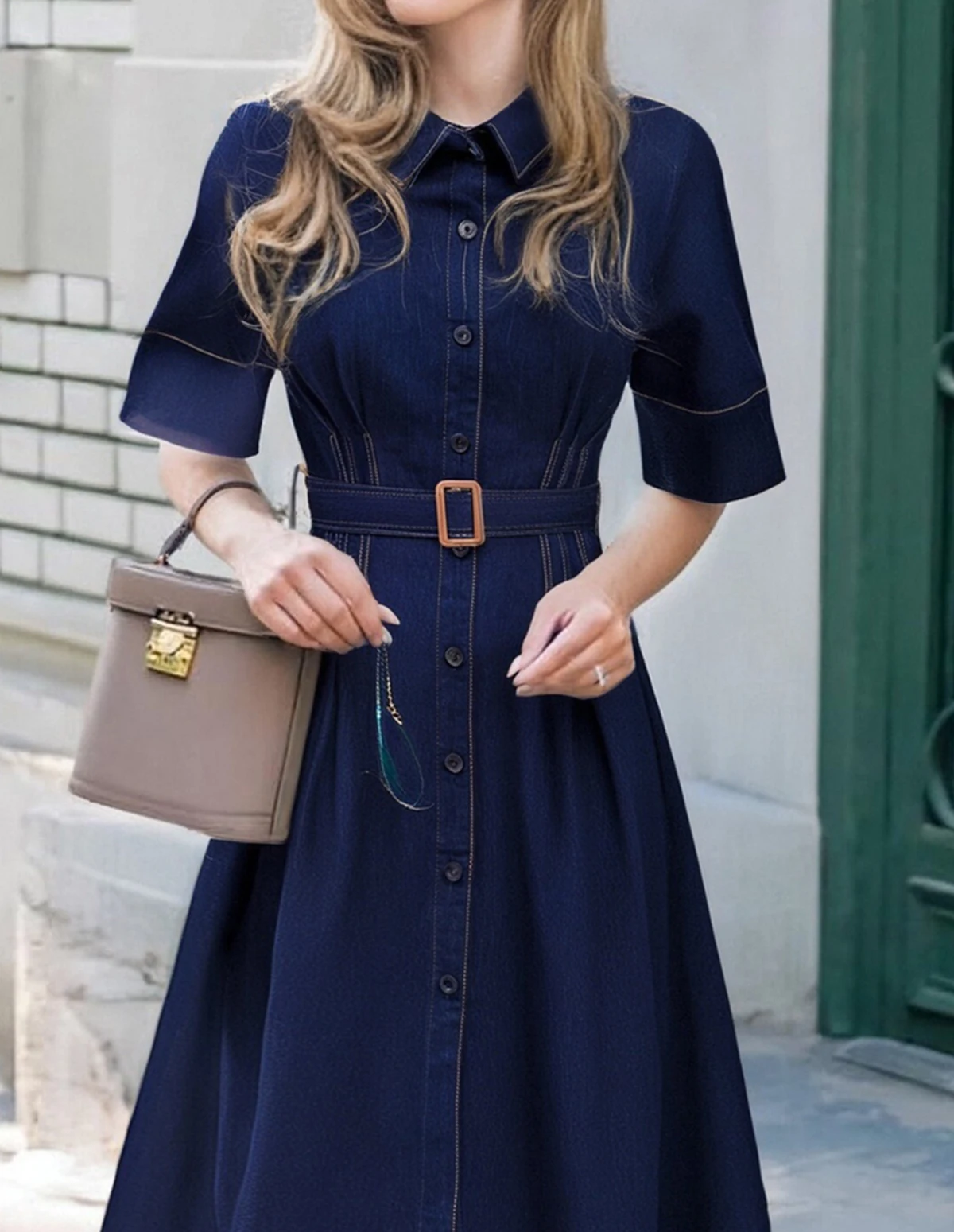 Women's Denim Dress Spring Summer Casual Belt Design Long Dresses Female 2025 Fashion Streetwear Sewing Thread Half Sleeve Dress 26 Sbb5b50f571b3402f9f09c04724dcbf6aQ