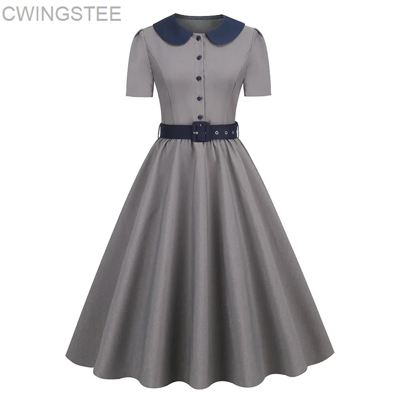 Peter Pan Collar Button Up Pinup Retro Pleated Midi Dress for Women Short Sleeve Elegant Vintage Dresses with Belt
Peter Pan Collar Button Up Pinup Retro Pleated Midi Dress for Women Short Sleeve Elegant Vintage Dresses with Belt