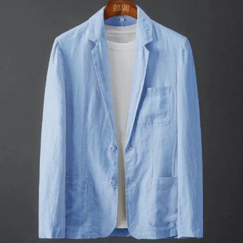 

Пиджак мужской из хлопка и льна, однотонный приталенный повседневный деловой Тонкий дышащий пиджак, одежда для весны и лета