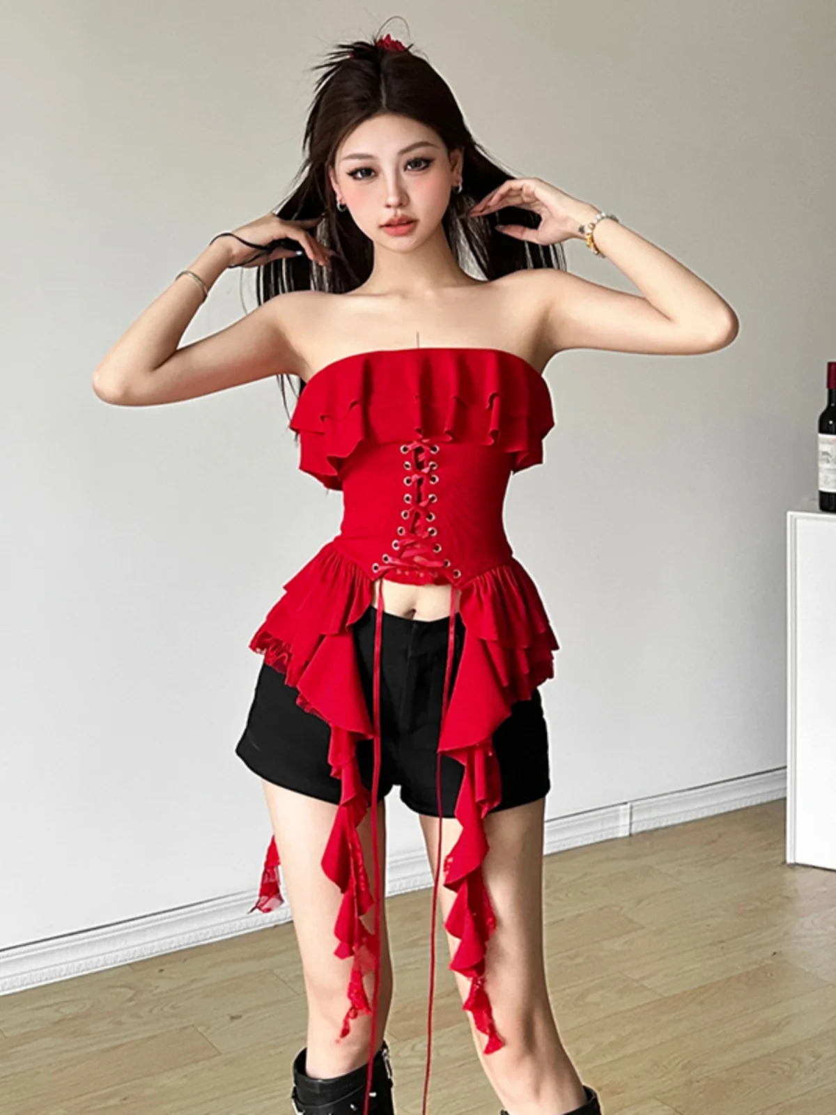 

Sweet Cool Spicy Girl Waist Tie With Ruffle Edge Spliced Bra Top Off Shoulder Open Back Short Top For Women