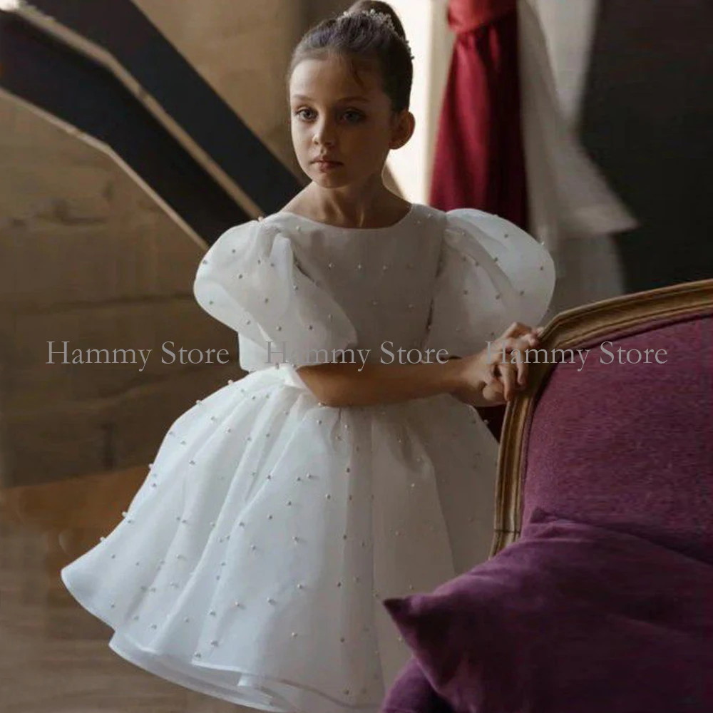 

Kids Princess Flower Girl Dress Short Sleeves Scoop Neck Pearls A Line Girls Pageant Gown Cute Baby First Communion Dresses