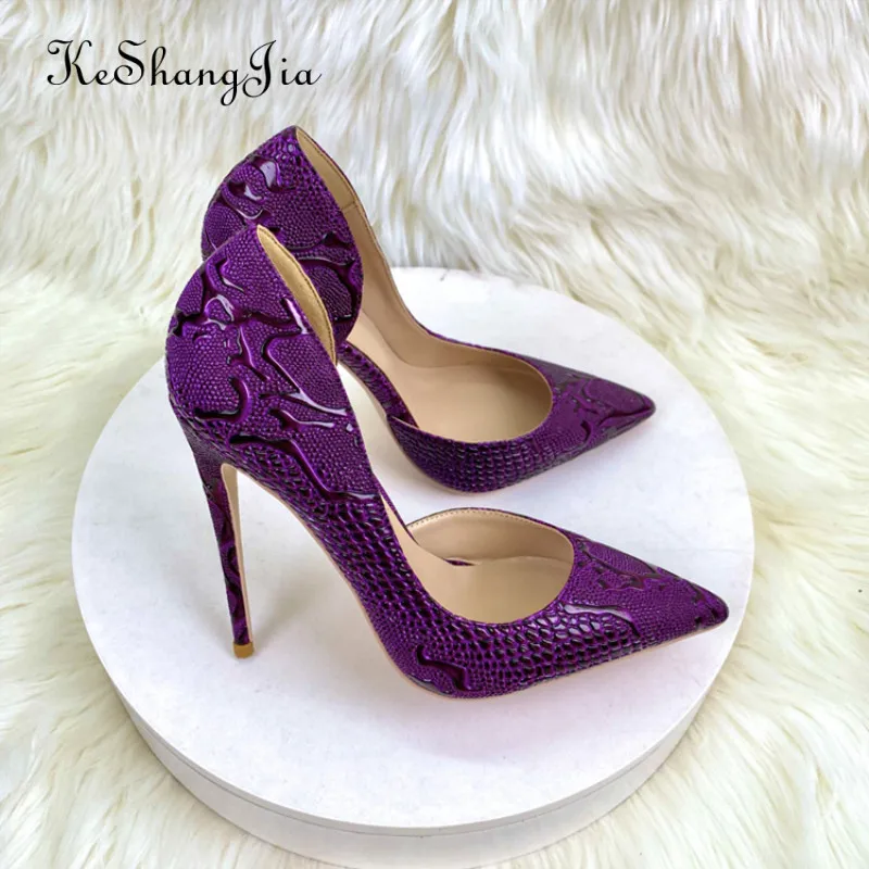 

Purple Embossed Crocodile Effect Women Pointy Toe Slip On Side empty High Heel Shoes for Party Sexy Ladies Dress Stiletto Pumps