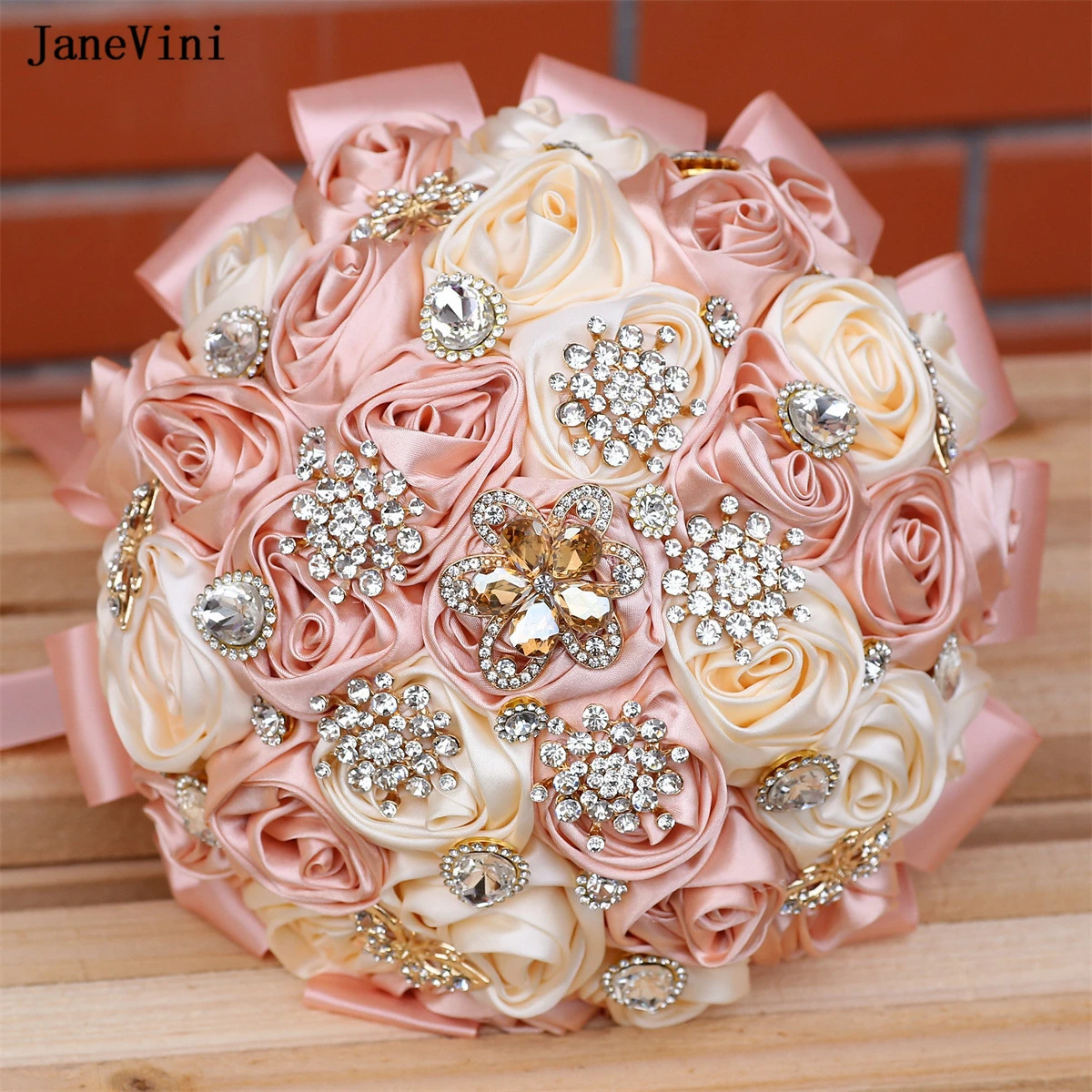 

JaneVini Luxury Rhinestone Jewelry Blush Pink Bridal Bouquets Bling Crystal Artificial Satin Roses Wedding Bouquet Ramo De Novia