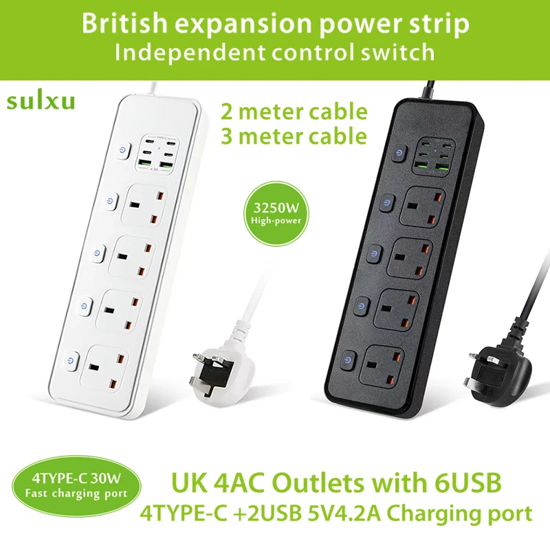 

3250W High power UK expansion power socket with independent switch 5AC Outlets and 6USB 5V4.2A TYPE-C fast charger power strip