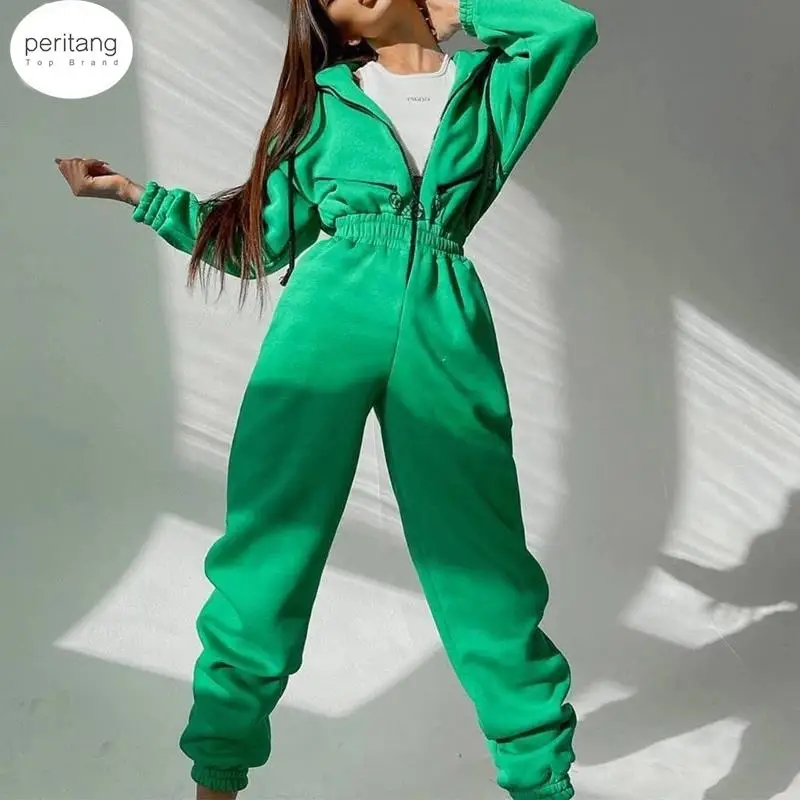 

PERITANG Fleece Hoodie Jumpsuit Women Autumn Winter Casual Zipper Drawstring Hooded Playsuit Female One Piece Rompers Tracksuits