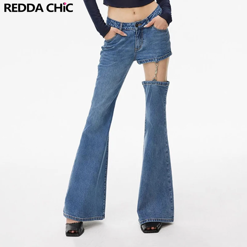 

ReddaChic Detachable Low Waist Flared Jeans for Women Y2k Bootcut Pants Blue Vintage Bell Bottoms 2-Wear Trousers Acubi Fashion