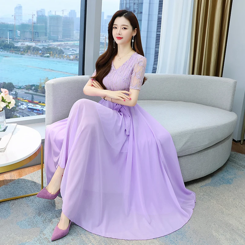 

Women Purple Chiffon V-Neck Sexy Midi Dress Summer Short Sleeve Boho Beach Sundress 2022 Vintage Casaul Chic Party Maxi Vestidos