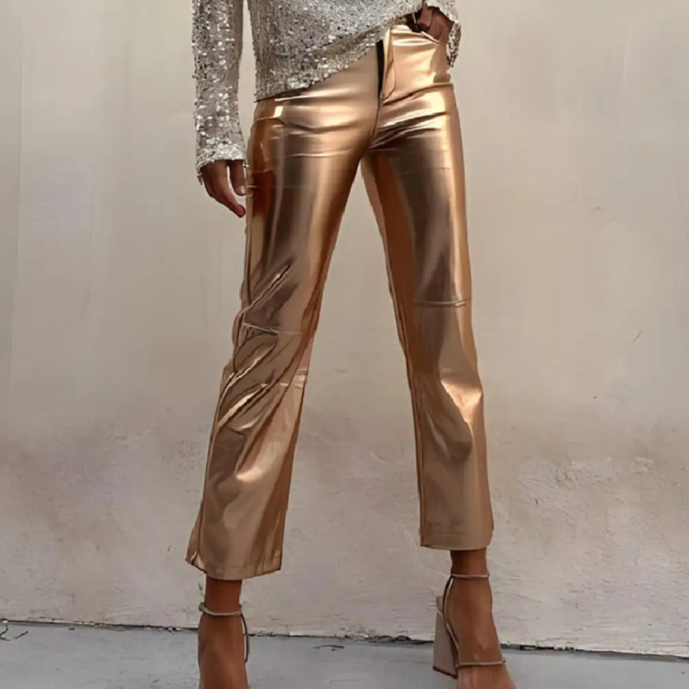 

Women Pants Slim Fit Glossy Faux Leather Pockets Mid Waist Zipper Button Closure Soft Breathable Club Party Lady Ninth Pants