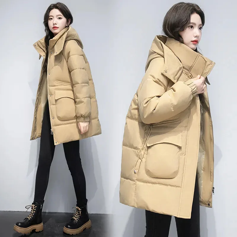 

New Fashion Female Winter Thick Warm Down Cotton Coat Long Hooded Parker Outerwear Noble Women Loose Casual Padded Jackets Khaki