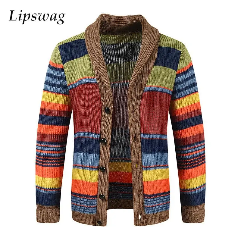 Fall Winter Sweatercoat Mens Bohemian Vintage Style Colorful Striped Crochet Sweater Jacket Men Casual Buttoned Lapel Knit Coats
Fall Winter Sweatercoat Mens Bohemian Vintage Style Colorful Striped Crochet Sweater Jacket Men Casual Buttoned Lapel Knit Coats